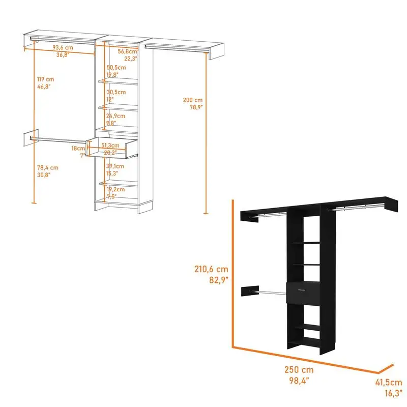 Cross Closet System with 1 Drawer, 3 Metal Rods & 5 Open Shelves for Organized Storage