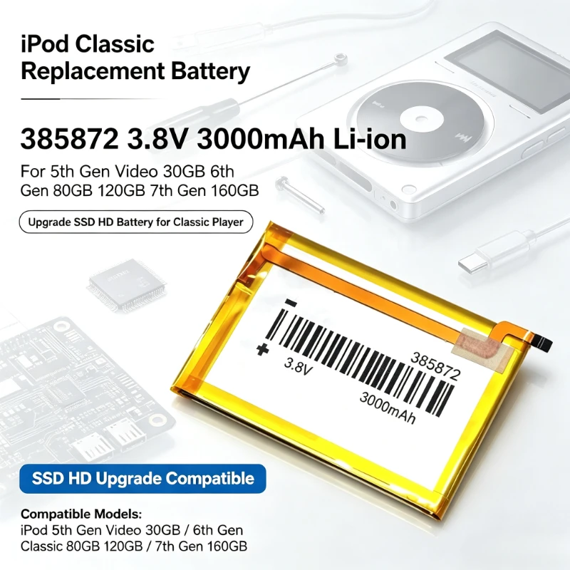 385872 3.8V 3000mAh for Ipod 5th Gen Video 30gb 6th Gen Classic 80gb 120gb 7th Gen 160gb Replacement SSD HD Battery