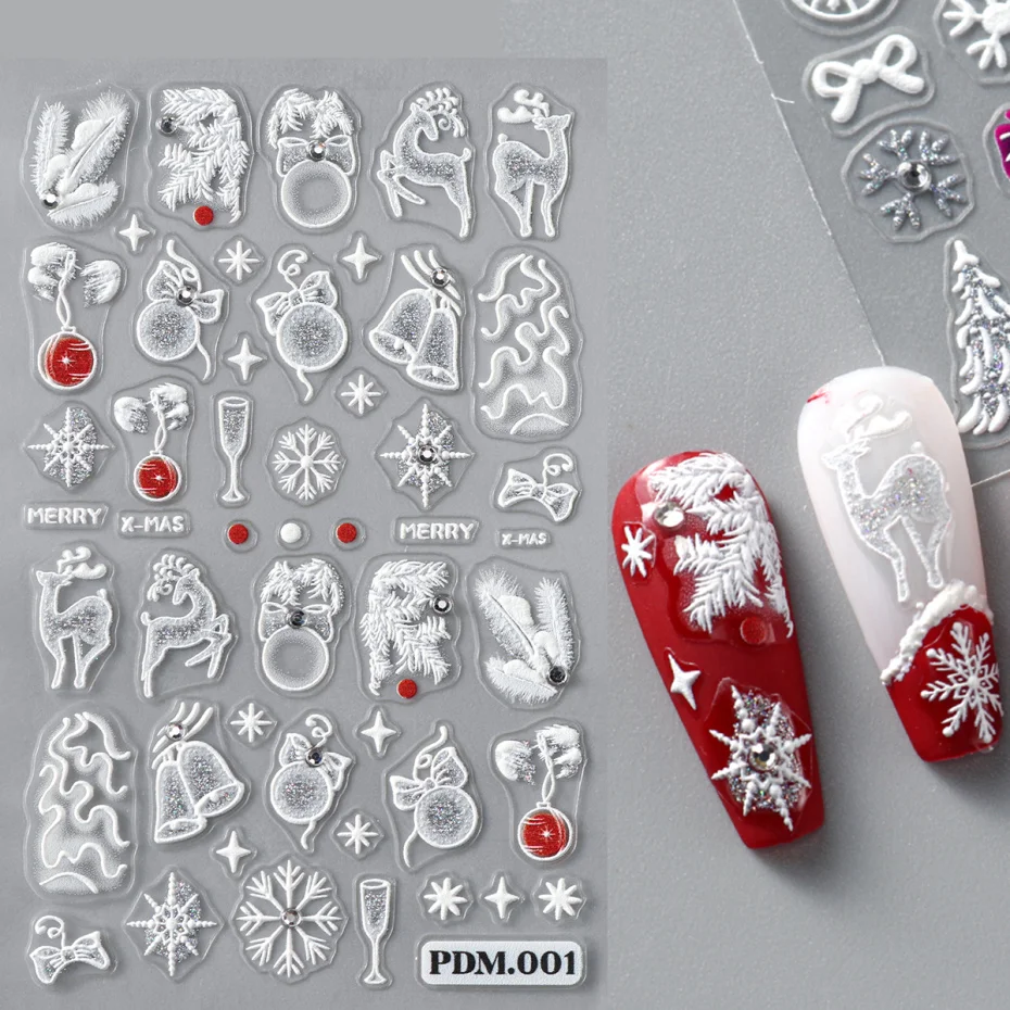 2pcs 5D Christmas Nail Art Stickers Glittery Snowflake Bells Sliders Cartoon Bear Penguin Deer Adhesive Decals With Rhinestone