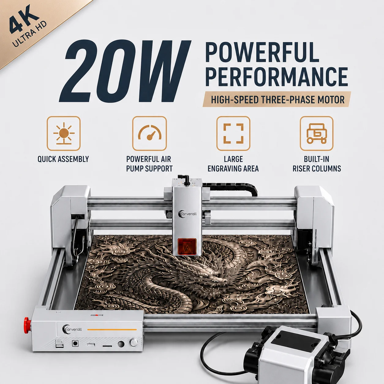 Grabador y Cortador Láser Carverall JL9 de 20W, Máquina de Grabado Láser de Escritorio de 300x300mm con Doble Motor, Asistencia de Aire, Precisión de 0.01mm, 3 Modos de Enfoque, WiFi/App/LightBurn/CutLabX, para Madera, Acrílico, Cuero, Bricolaje y Pequeños Negocios