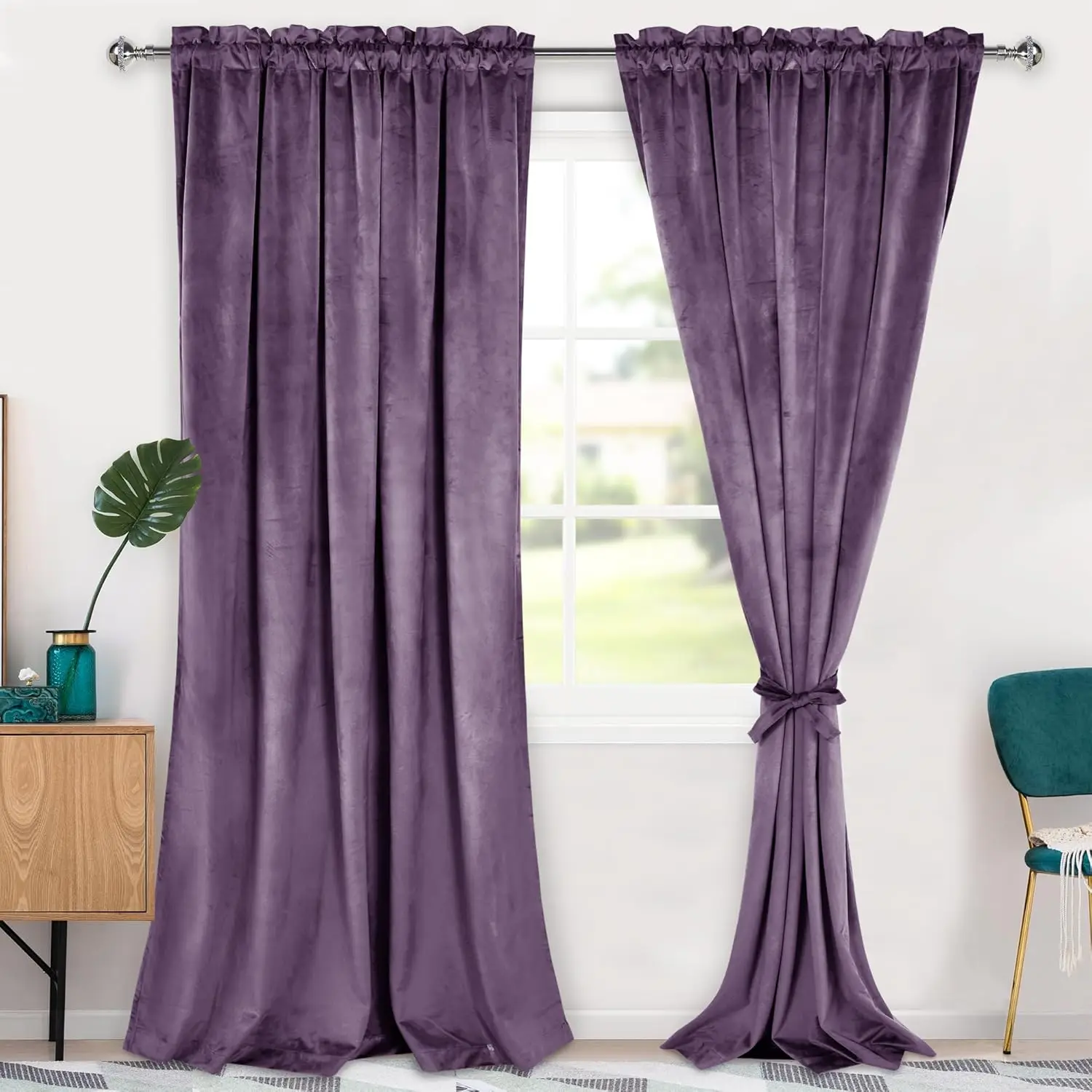 

Velvet Curtains 96 inch Blackout Rod Pocket Thermal Insulated Soft Curtains Room Darkening Window Drapes with Tiebacks f