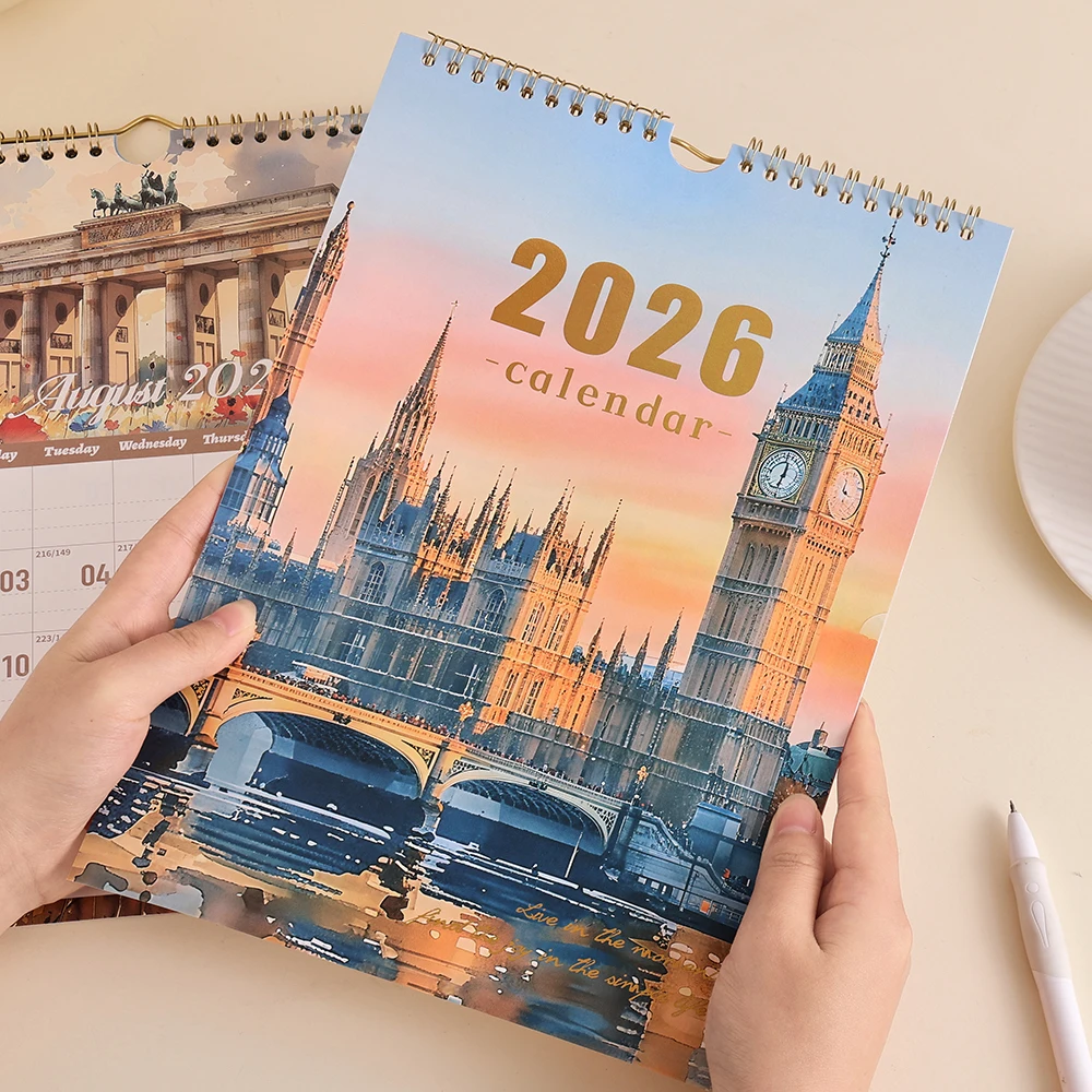 12 Sheets 2026 A4 Wall Calendar Bronzing Cover Building DesignDaily Weekly Monthly Planner For Home Office School (Jan-Dec 2026)