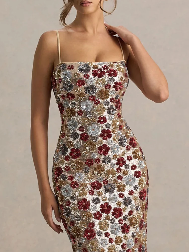 

Летнее длинное платье с цветочными пайетками на подтяжках, сексуальное тонкое вечернее платье с открытыми плечами и высокой талией, элегантное женское платье с открытой спиной и запахом на бедрах