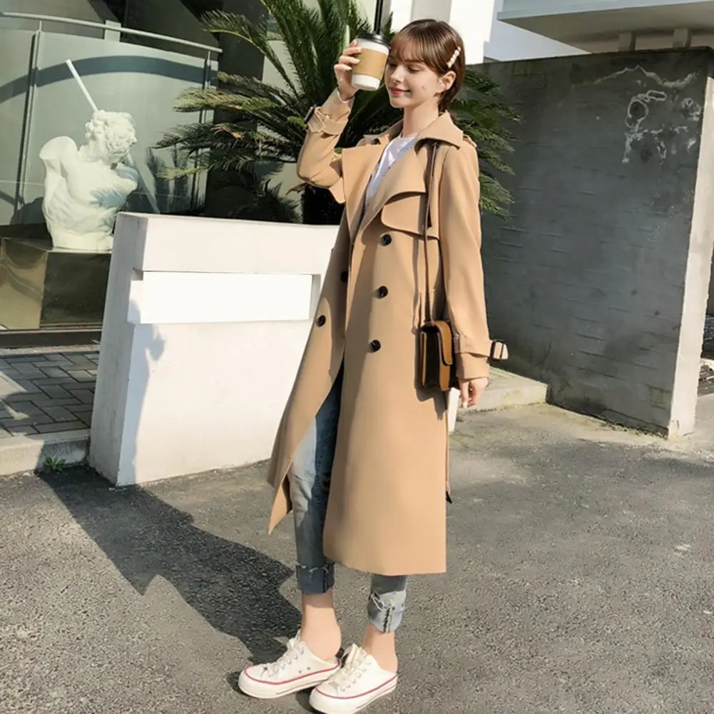 Women British Style Windbreaker Streetwear Double Breasted Long Trench Coats Elegant Autumn Winter Casual Medium Length Jackets