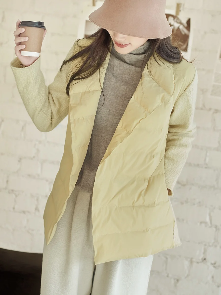 

Fashionable Artistic Wool Blend down Jacket Casual Slimming Style White Goose down Filled V-Neck Long Sleeve Winter Coat