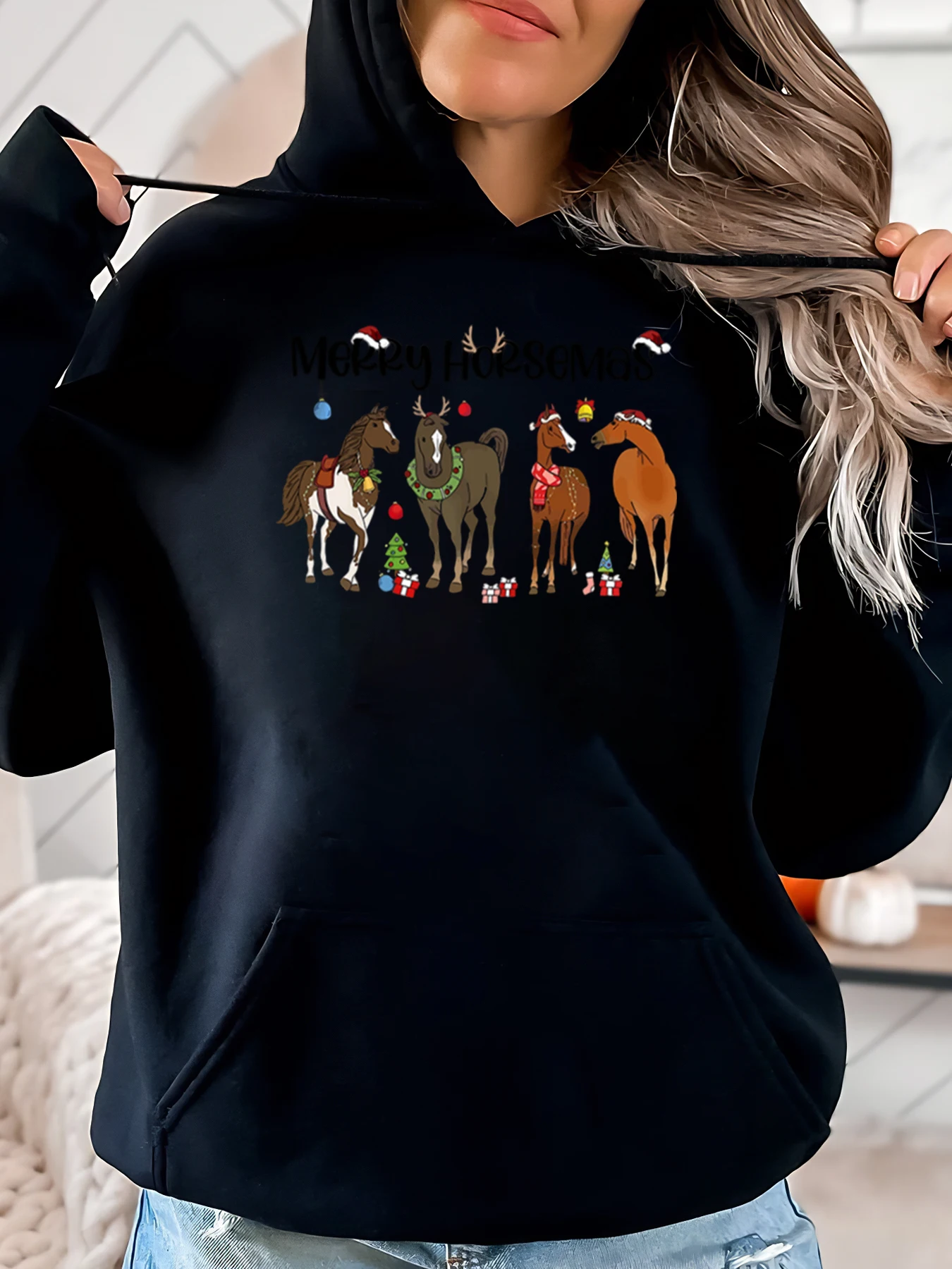 

Женская толстовка с рождественским принтом Merry Horsemas Horses, повседневная зимняя праздничная одежда, черная, больших размеров