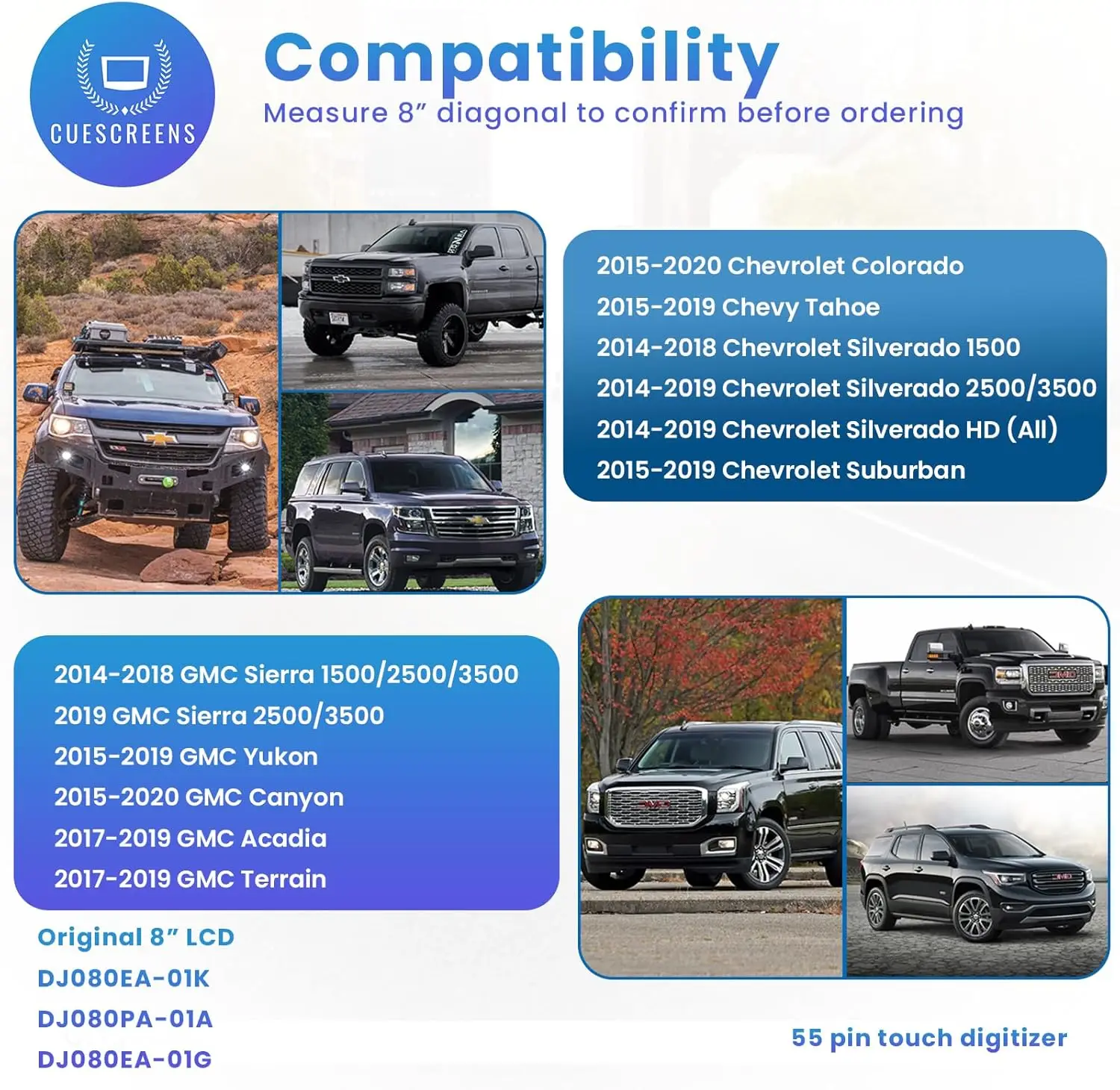 Ekran dotykowy 8' MyLink IntelliLink, OEM DJ080PA-01A, szkło antyrefleksyjne do ciężarówek/SUV-ów Chevy i GMC, łatwy montaż