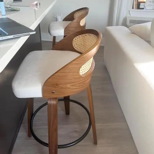 24.8" Swivel Rattan Bar Stools Mid-Century Modern Beige Linen Fabric Upholstered Counter Height Stools,Kitchen Island view 6