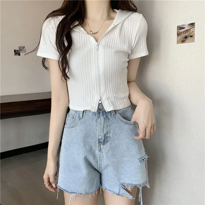 Leisure Simple Thread Hooded Cardigan Short Sleeve T-shirt For Women Summer Double Zipper Fitting Slim Versatile Crop Top