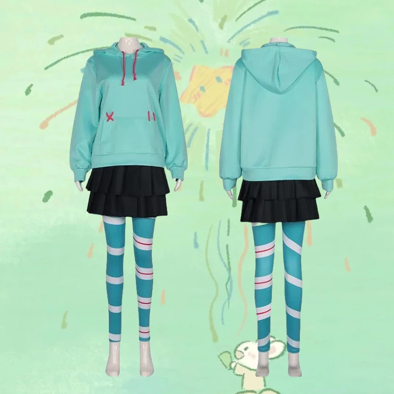 

Game Vanellope Cosplay Costume Green Hooded Sweatshirt Pants Black Skirt JK Set Role Play Outfit for Women Girls Theme Party