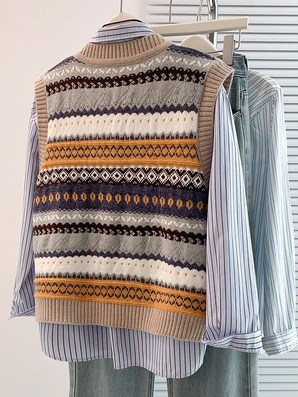 

Женский вязаный жилет с v-образным вырезом, 00% шерсть, полный цветочный узор, осенняя мода, повседневный многослойный топ в цвет и полоску