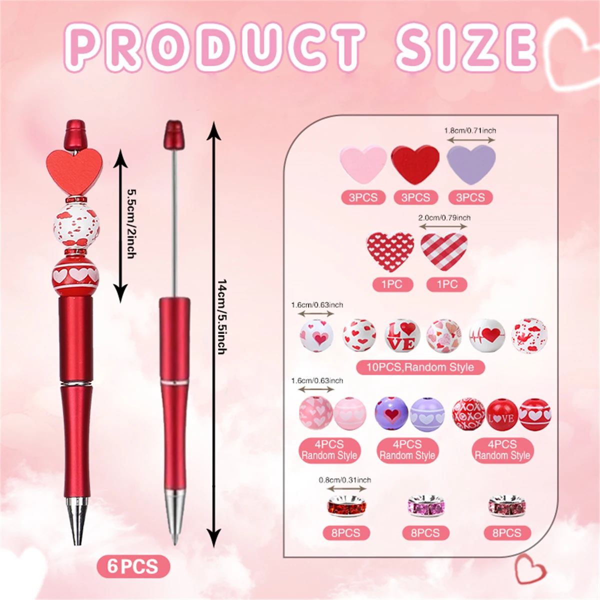 6pcs/set Red and Purple Love Theme DIY Bead Pen, Valentine's Day Ballpoint Pen, Learning Writing Office
