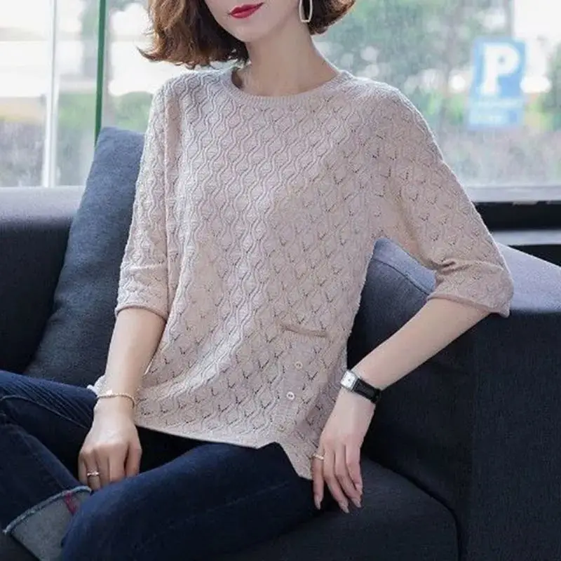 Round Neck Women\'s Clothing Solid Pockets Button Autumn Winter Thin Casual Three Quarter Sleeve Sweaters Hollow Out Pullovers