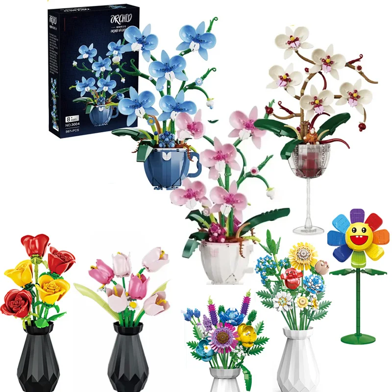 

Набор строительных блоков с имитацией орхидеи в горшке с вазой, букет растений, тюльпаны/розы, украшение, цветочная игрушка, кирпичи, подарок на праздник для девочек