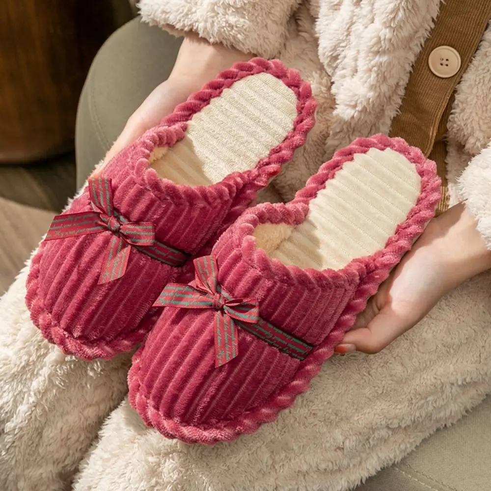 Bowknot Design Winter Slippers Corduroy Anti-Slip Fleece-Lined House Shoes Comfortable Warm Thick Sole Slippers Indoor