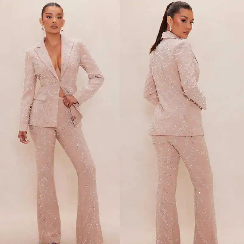 

Luxurious Pearls 2 Pieces Suits For Women One Button Peaked Lapel Pants Sets Crystals Birthday Party Custom Made Outfits