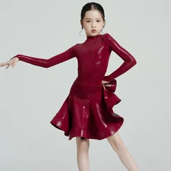 Kids Latin Dance Competition Dress For Girls Long Sleeves Suit Cha Cha Rumba Samba Dance Training Clothes Black Blue DNV19259