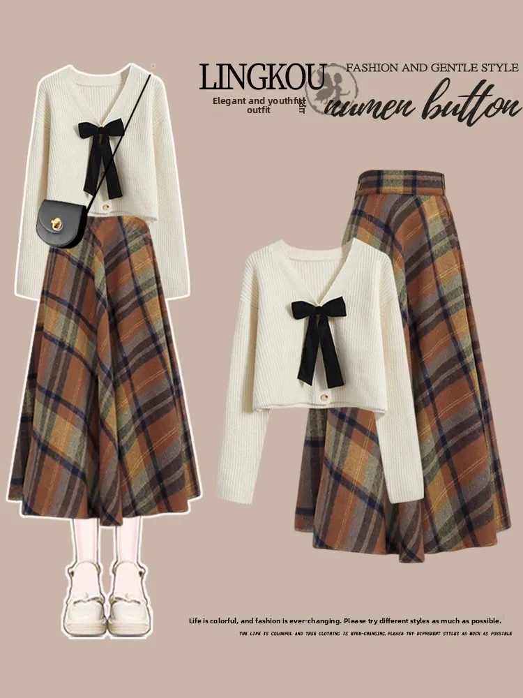 

Elegant Knitted Sweater High Waist Plaid Skirt Set Women's Autumn Winter Fashion Two Piece Suit Soft Gentle Korean Style Slim...