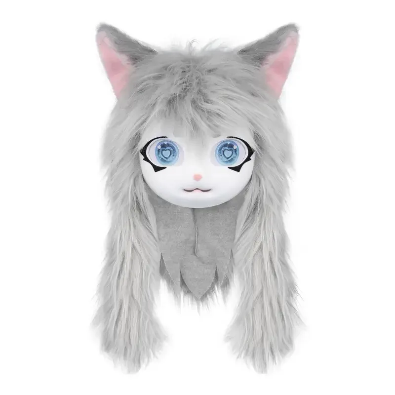 

Gray Furry Animal Fursuit Cut Cute Fox Cat Head Mask Halloween Masquerade Cosplay Costume Props cm;5