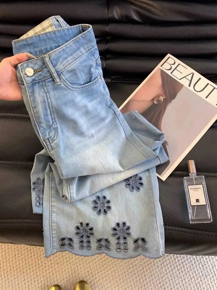 Chic Hollow Floral Jeans Women's Summer Thin High Waist Straight Wide Leg Pants Oversized Loose Retro Blue Knee-length Pants