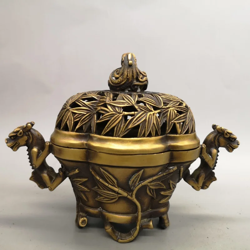 Brass for home use, bamboo disc , incense burner with double dragon design, Chinese-style craft inc