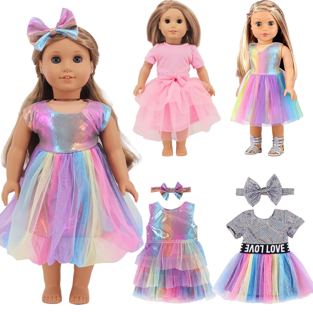 Colorful Dress+Headband for 11.8inch Girl American & 43Cm Baby Reborn Baby Doll Clothes Accessories Gauze Skirt,OG Girl's Dress