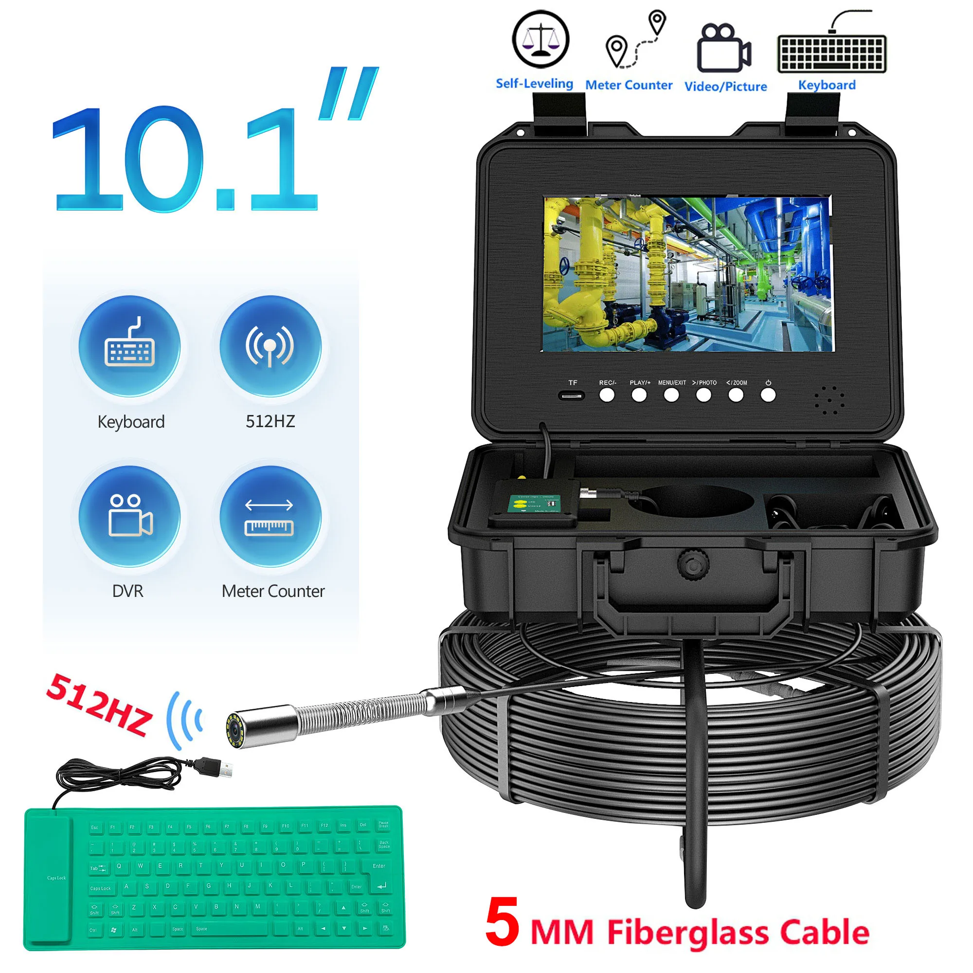 

Sewer Inspection Camera 10.1" IPS Pipe Camera Meter Counter Keyboard Auto Self-Leveling 512hz AHD 1080P Recording 5X Image