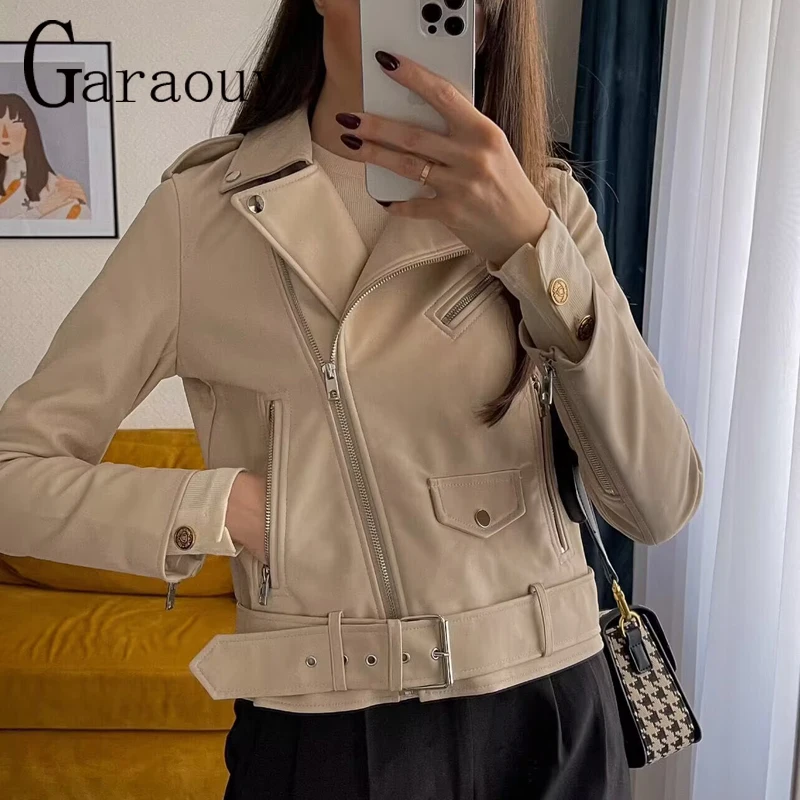 Garaouy 2024 Spring Autumn Women\'s Belt Short Faux Leather Coats Simple Basic Zipper PU Motorcycle Jacket Female Slim Outwear