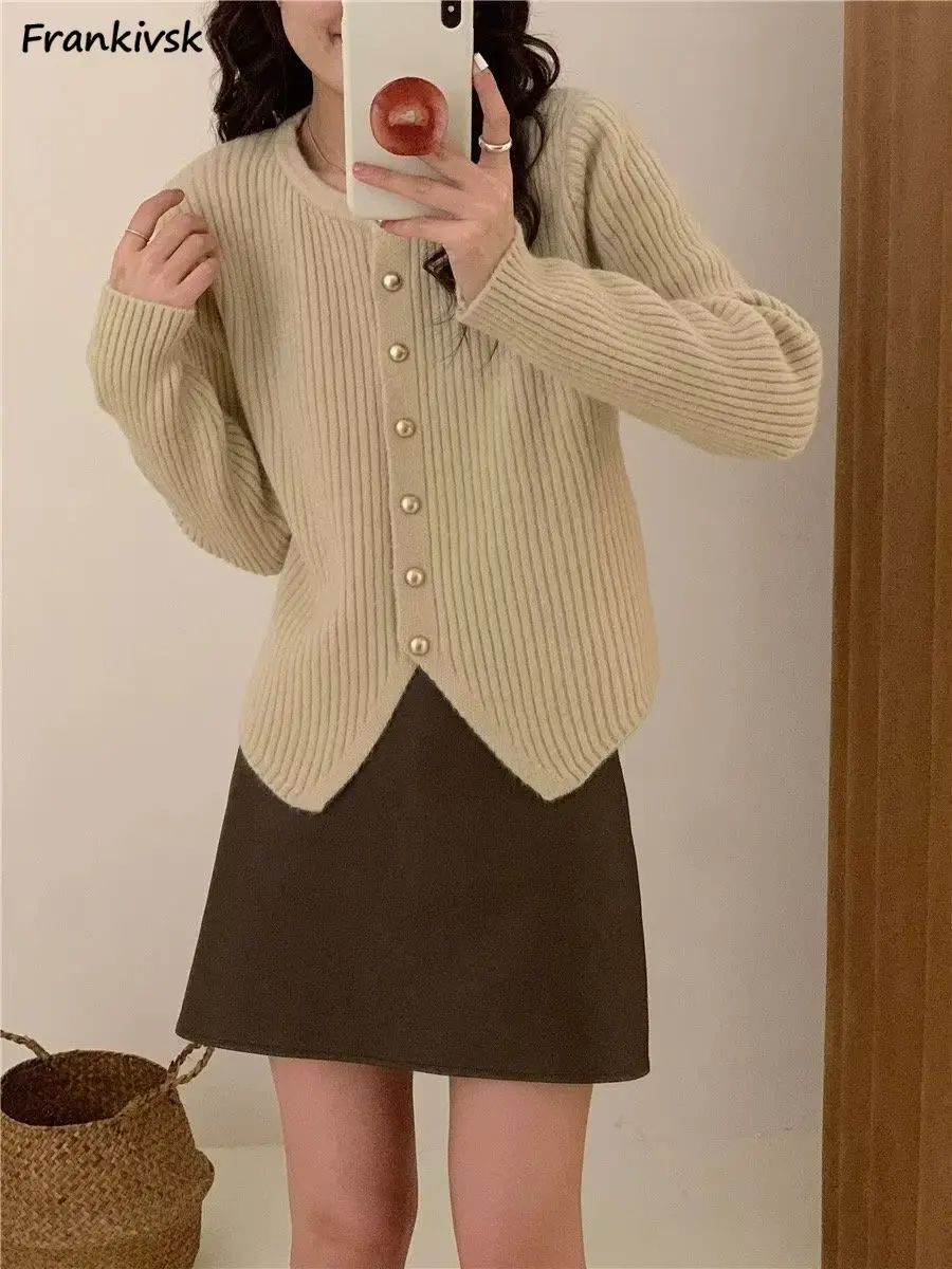 

Solid Cardigan Women Slouchy American Style Office Lady Tender Hipster O-neck Slim Stretchy Simple All-match Daily Long Sleeve