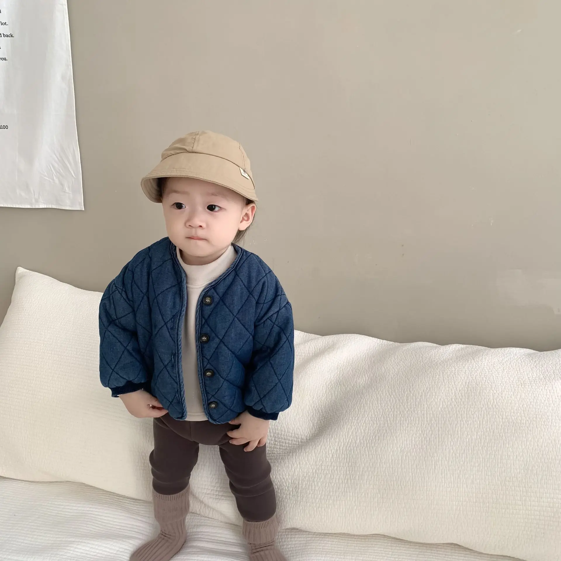 Manteau en denim épais à carreaux de diamant pour enfants, veste décontractée en coton pour bébé, cardigan monochrome rétro pour garçon, automne et