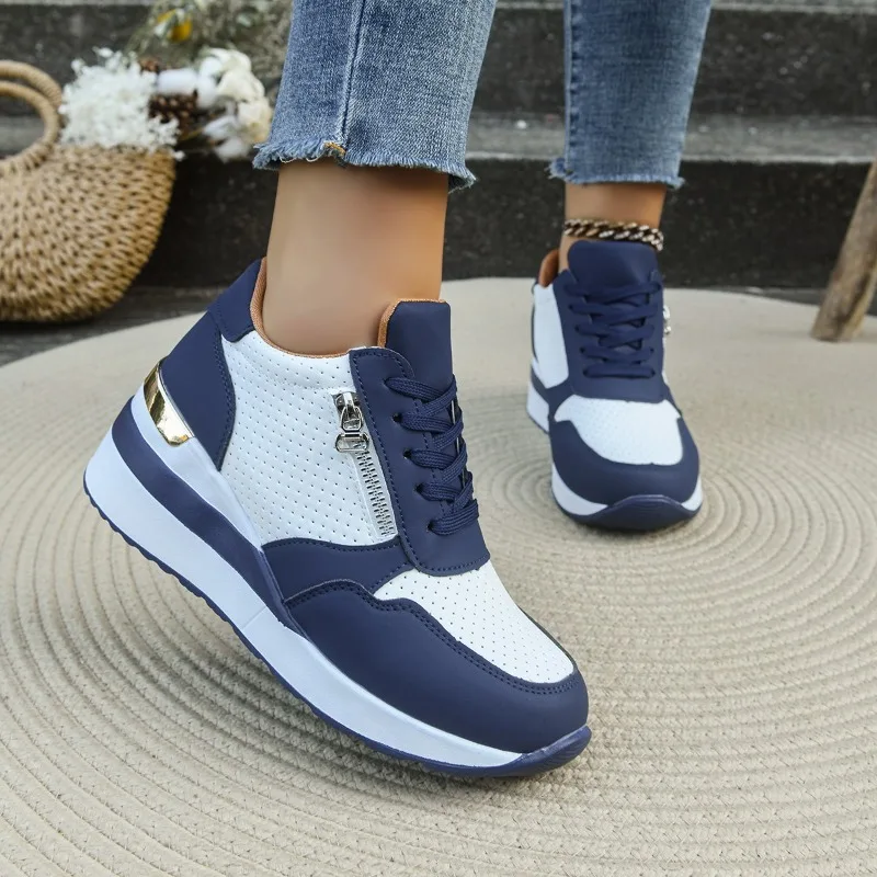 Women Sneakers Thick Sole Built-in Heel Lift Design Black White Casual Shoes Breathable Comfort Daily Wear Urban Style Footwear view 5