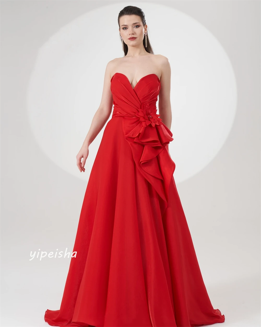 Customized Jersey Flower Beading Ruched Engagement A-line Sweetheart Bespoke Occasion Gown Long Dresses