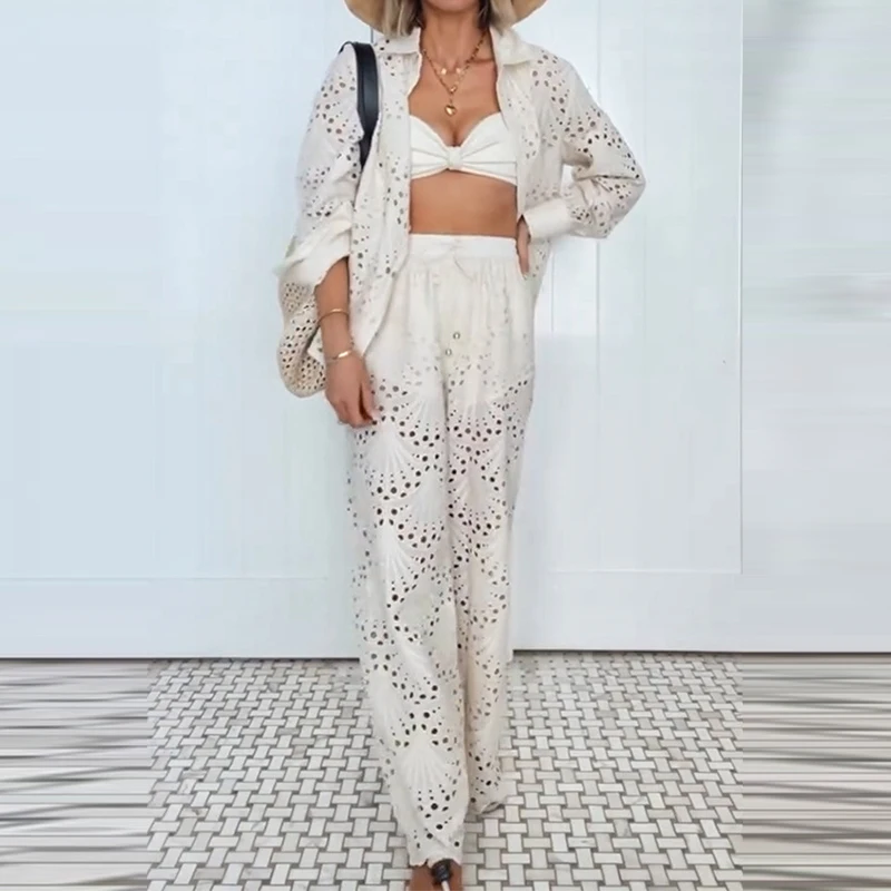 Temperament Casual Loose Vacation Outfits Elegant Solid Women's Commute Sets Autumn New Hollow Out Long Sleeve Shirts&Pants Sets