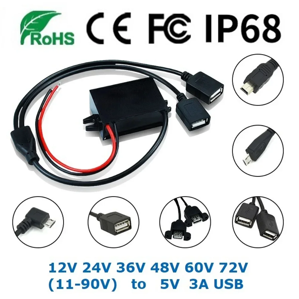 12V 24V 36V 48V 60V 72V Buck to 5V 3A USB DC DC Step Down Power Converter Car Auto Phone Motorcycle Charger Adapter 11V-90V