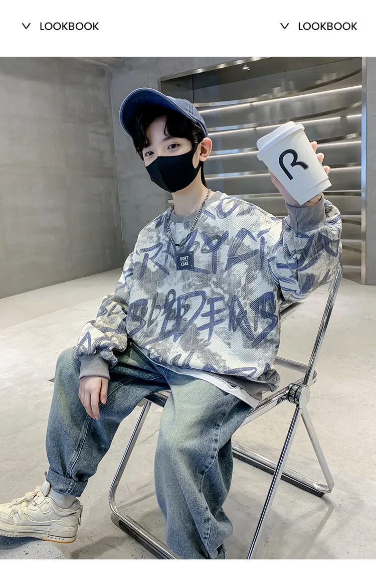 Neues Frühlings-Kinder-Baumwoll-Sweatshirt mit Schriftzug für Jungen, lässiges dickes T-Shirt-Outfit für Kinder im Alter von 5 6 7 8 9 10 11 12 13 14 Jahren. – Detail 5