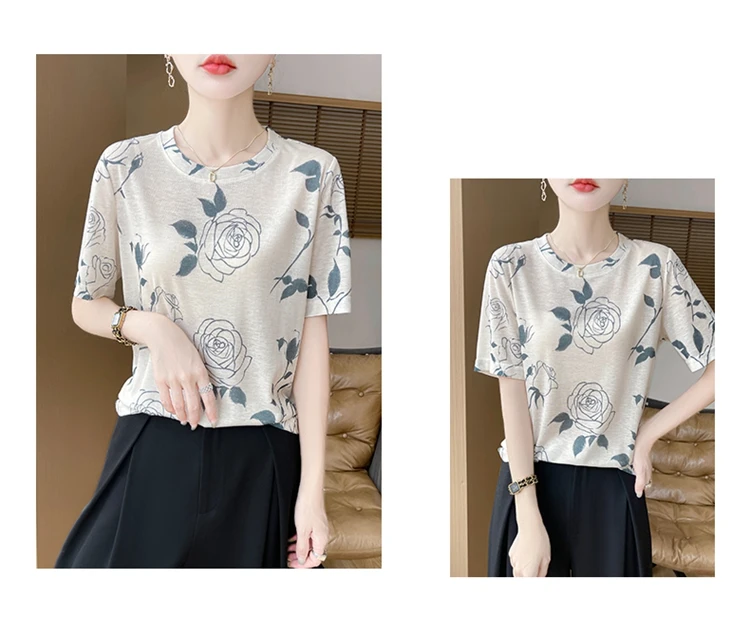 Summer New Women's Round Neck Printed Knitted Short-Sleeved Thin T-shirt Loose Bottoming Shirt
