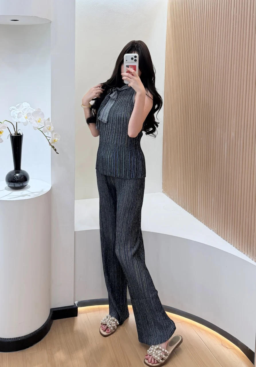 

Fashion Women Knitted Set Sleeveless Top High Waist Wide Leg Pants Comfortable Elastic Fabric Casual Party Female 2 Piece Set