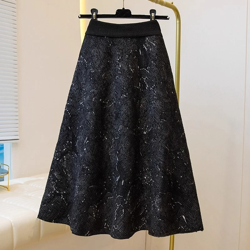 

Вязаная юбка большого размера, женская осенне-зимняя эластичная юбка средней длины с высокой талией W901