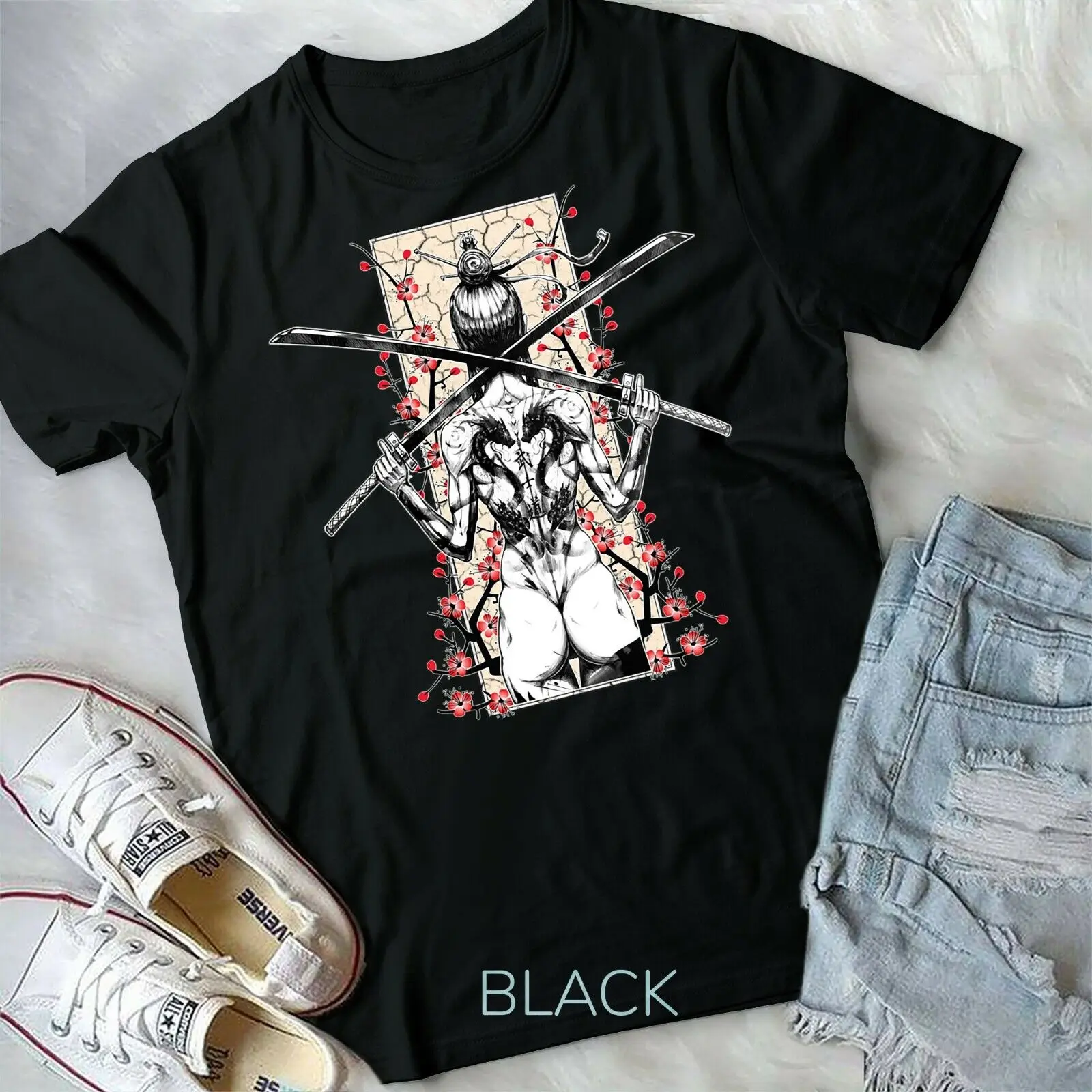 Japanese Samurai Girl and Vintage Sakura Cherry Blossom Gift Unisex Form T-shirt