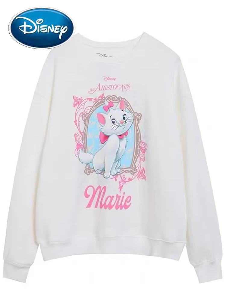 Disney Marie Cat Letter Cartoon Print Sweatshirt Sweet Women Long Sleeve O-Neck Pullover Fleece Jumper Tops White Streetwear