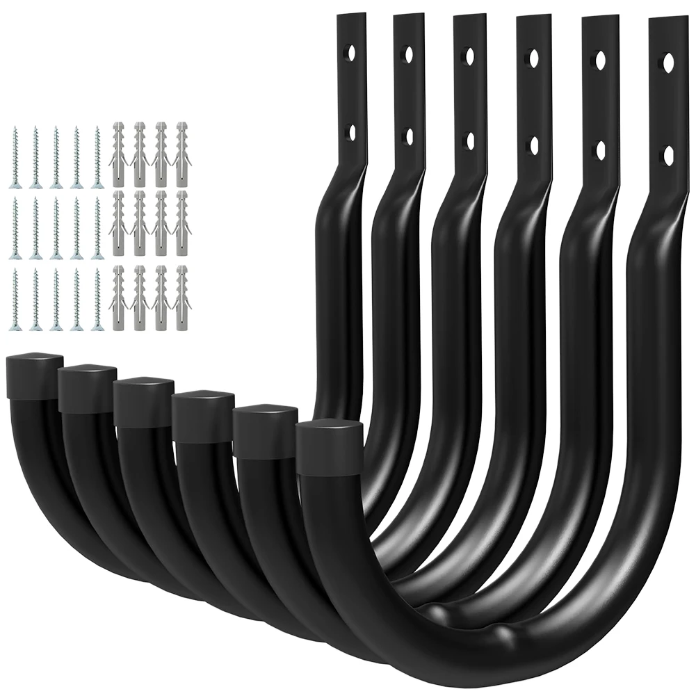 

Sleek Black Iron Garage Hooks Set Includes Six Sturdy Pieces Designed to Enhance Any Organization Project Effortlessly