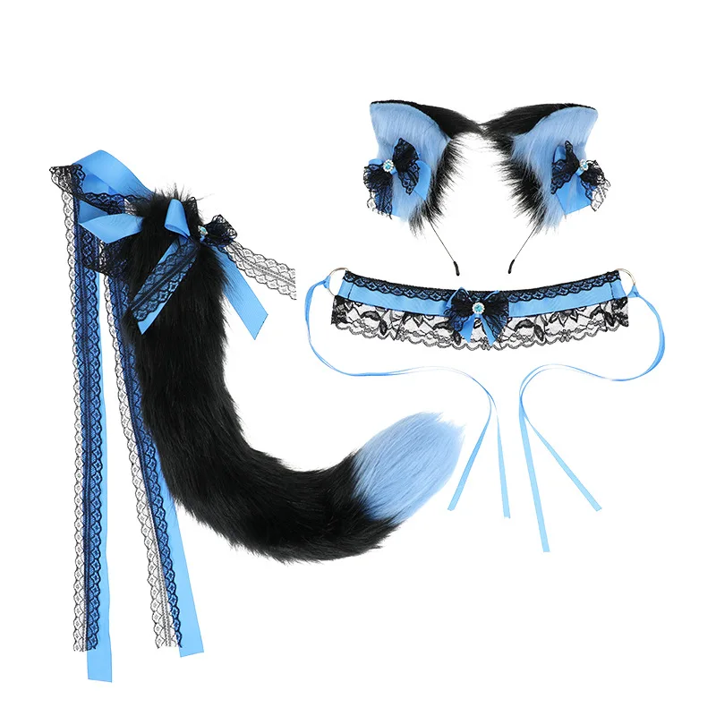 Handmade Lolita Animal Ear Tail Accessory Lace Headdress Collar Cat Ear Headband Cat Tail Suit Cosplay Accessories