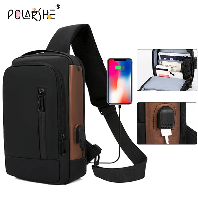 Polarshe Men Chest Bags Anti-Theft Sling Bag with USB Charging Crossbody Package Waterproof Travel Messenger Chest Pack For Male