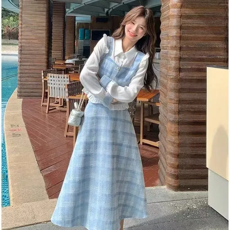 

Women's Spring Autumn Sweet Blue Plaid Patchwork Tops Skirts Two Piece Set Korean Lady Graceful Polo Collar Shirts Skirt Outfits