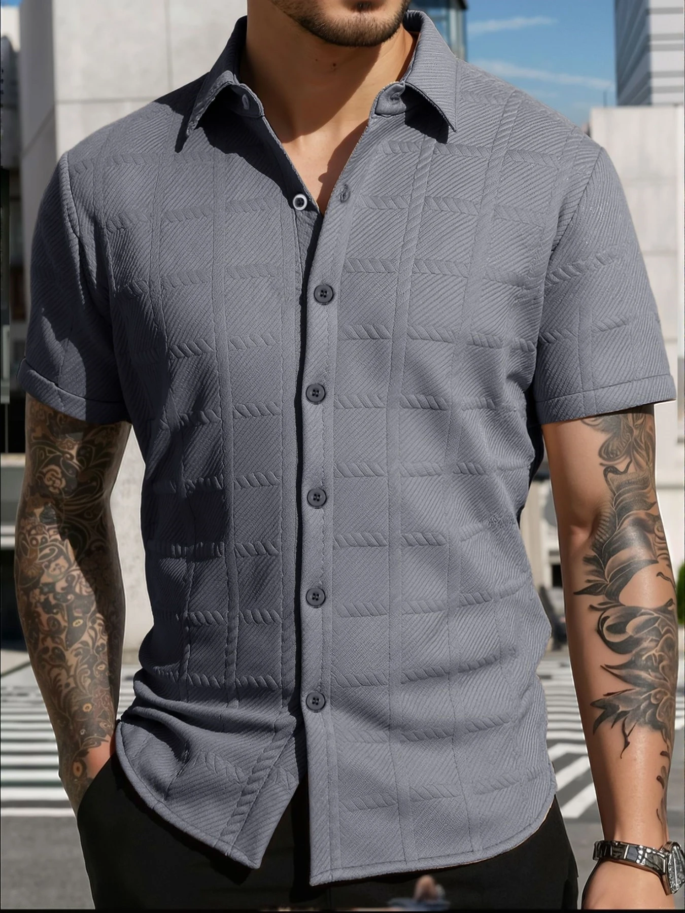 Summer new style men's collarless short-sleeved solid-color casual shirt, trendy and comfortable versatile men's clothing shirt