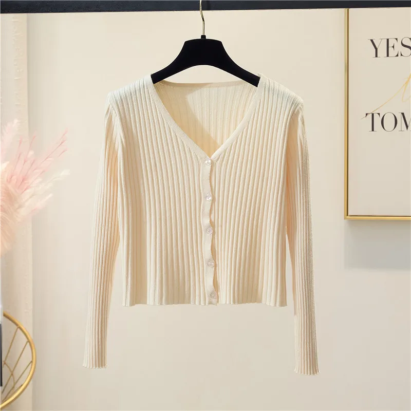 Spring Autumn V-neck Knitted Cardigan Sweater Women Long Sleeve High Waist Short Top Solid Slim Single Breasted Bottoming Shirt