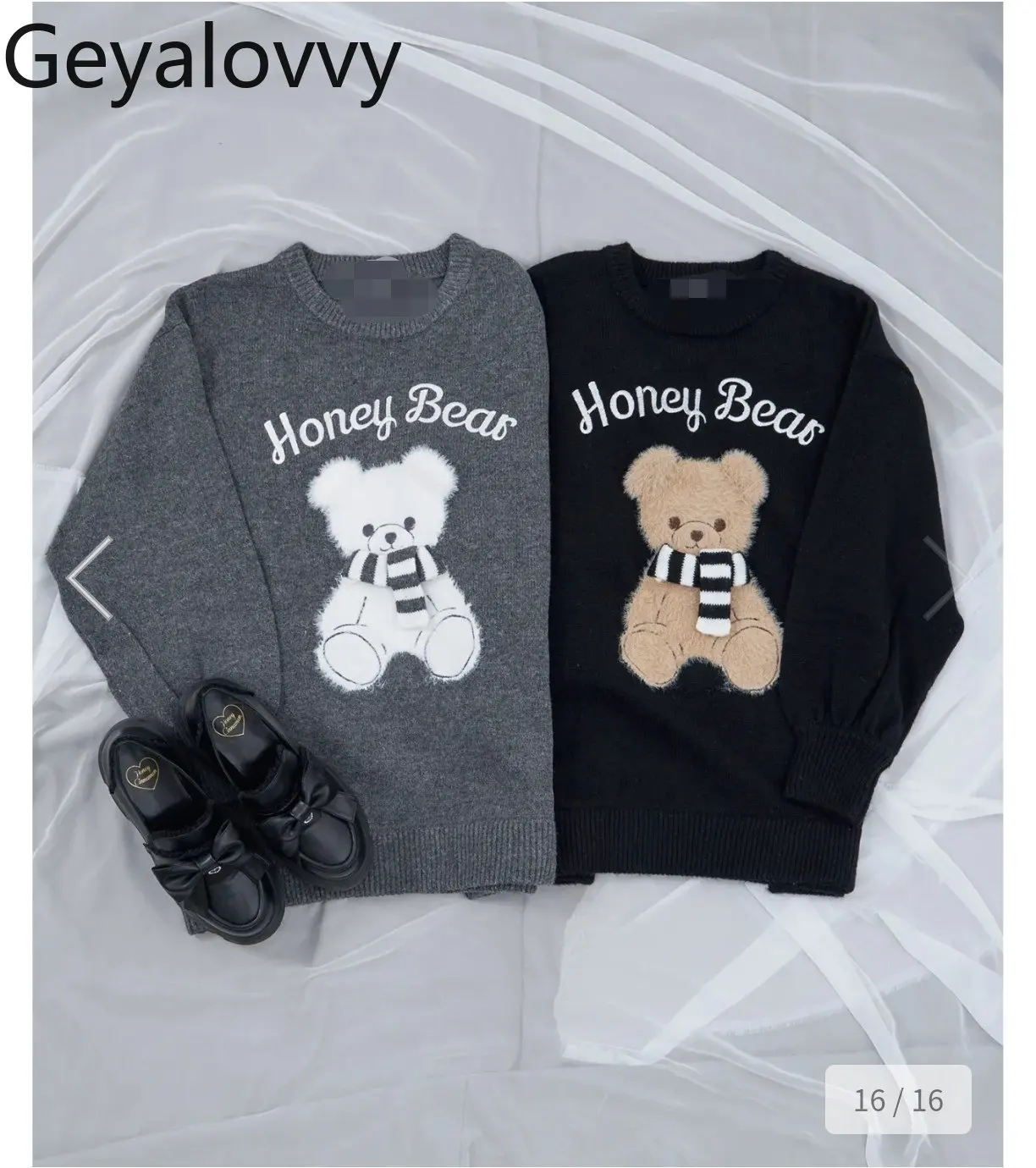 Lief en schattig meisje cartoon print gebreide jurk herfst winter ronde hals veelzijdige rechte trui-jurken met lange mouwen