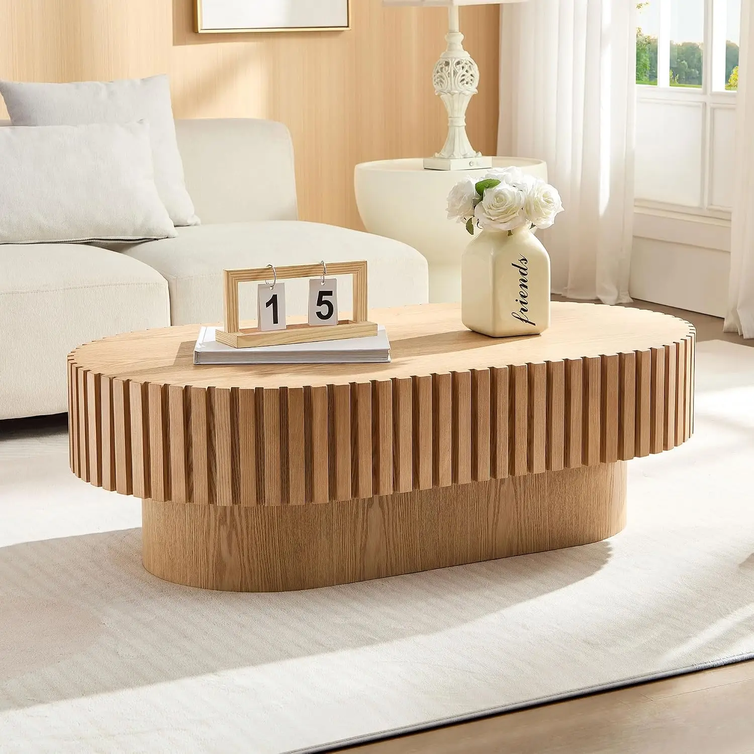 Oval Solid Wood Drum Coffee Table With Hand-Carved Relief For Living Room, 43.7x13.7