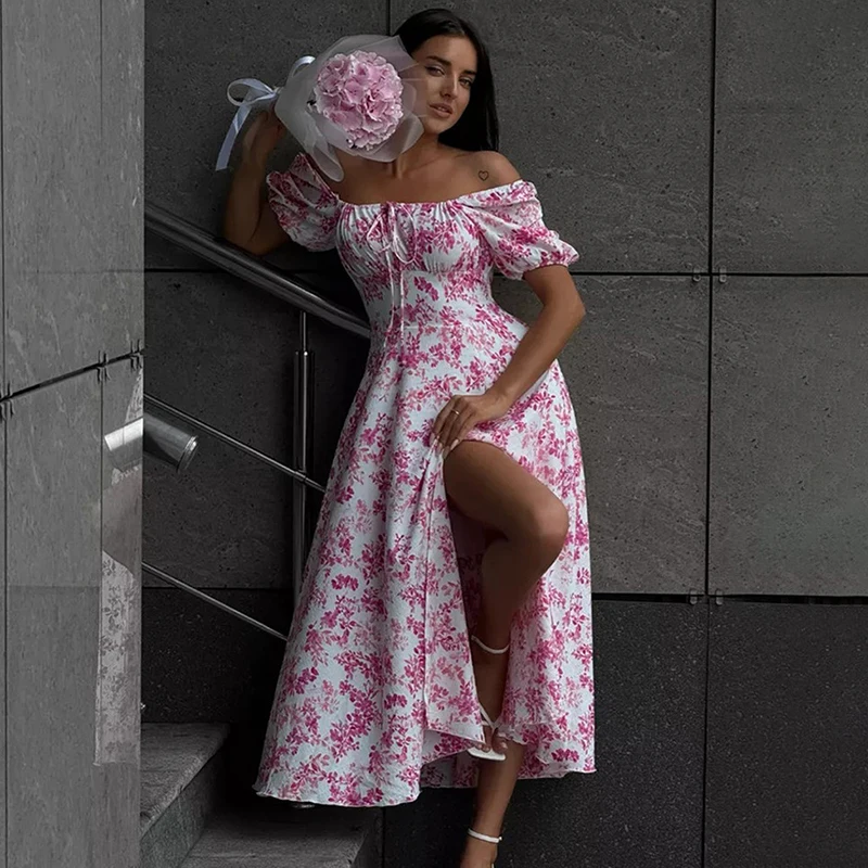 トルノバ オフショルダー 花柄 レディース バケーションドレス 半袖 レース ファッション プリント スリット ロングドレス カジュアル ルーズ 2026 夏新作
