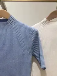 Women Ribbed Knitted Sweater White or Blue Short Sleeve Half High Collar Slim Casual Autumn 2024 Pullover